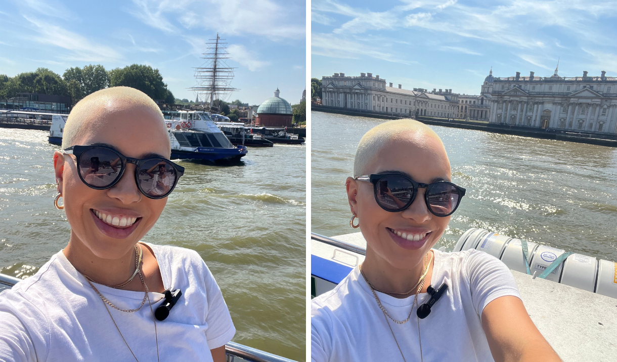 Woman taking selfies on City Cruises in Greenwich